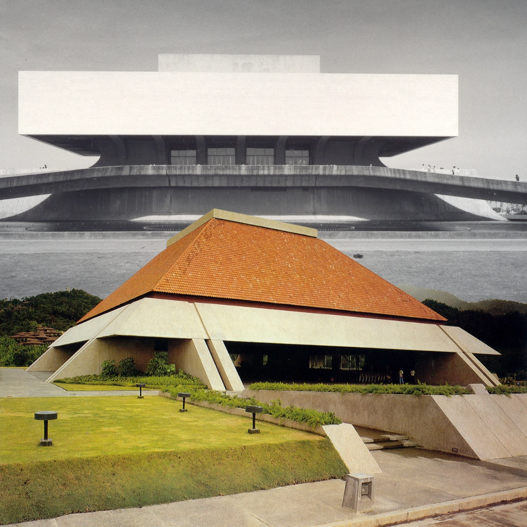 Pyramid-shaped orange-roofed pavilion in the foreground with a large white rectangular building on a dark pedestal in the distance.