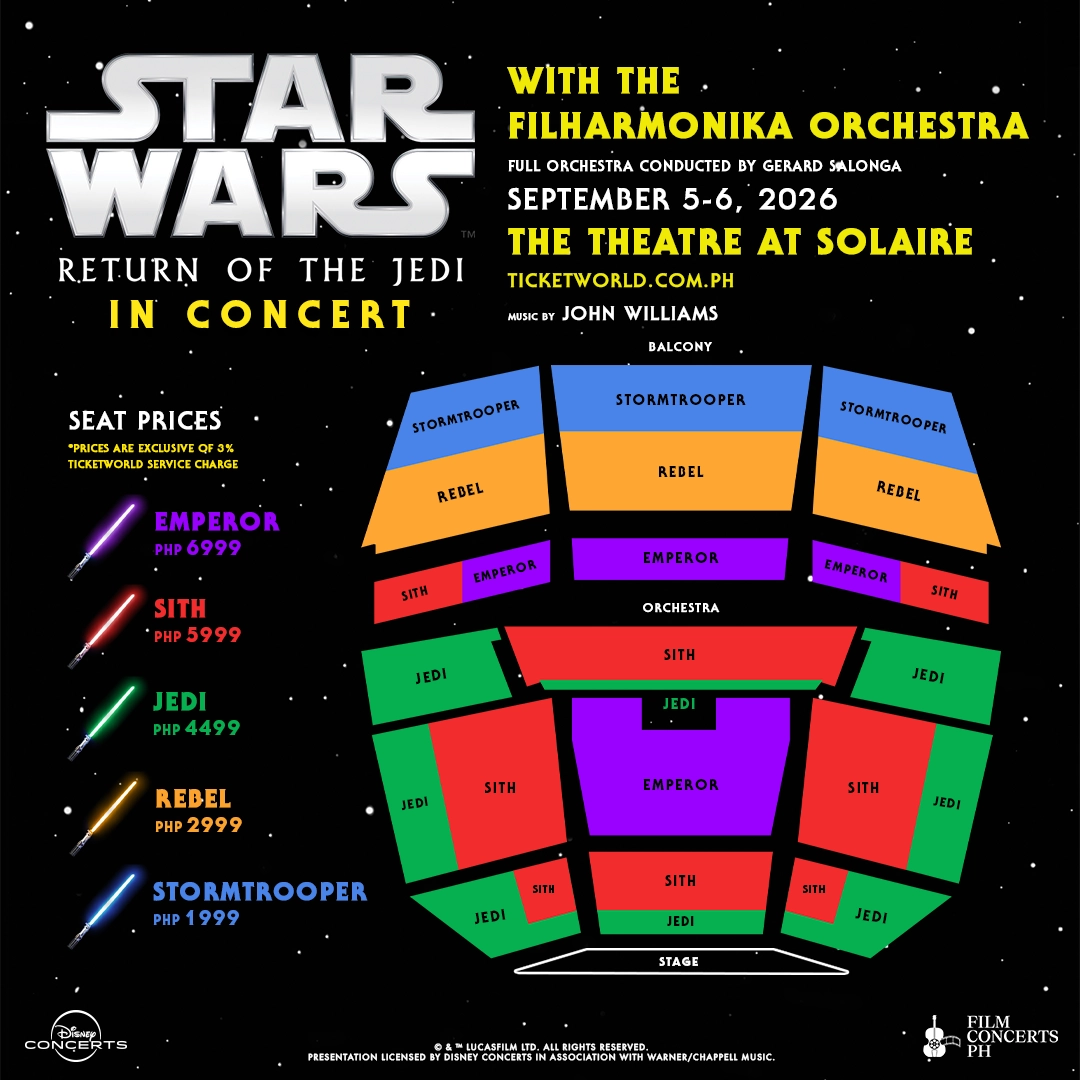 Seating chart and ticket prices for Star Wars: Return of the Jedi in Concert at The Theatre at Solaire. Prices range from 1,999 to 6,999 PHP. Detailed price list and seating breakdown below.