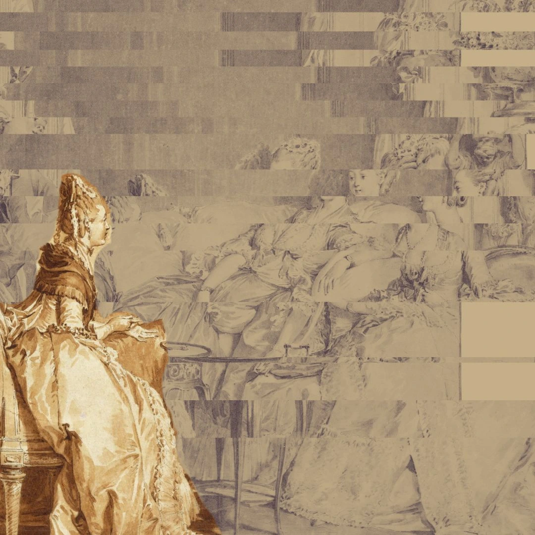 18th-century woman in a satin gown stands beside a table, facing a group of seated courtiers in a classical salon, with a glitchy, blocky overlay.
