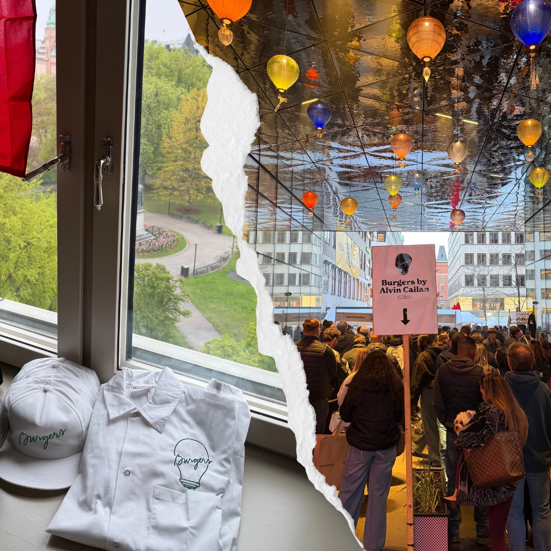 Split photo: left shows a white chef shirt and cap with a Burgers logo on a windowsill; right shows a crowded food festival booth under colorful lanterns, with a sign reading 'Burgers by Alvin Cailan (USA)'.