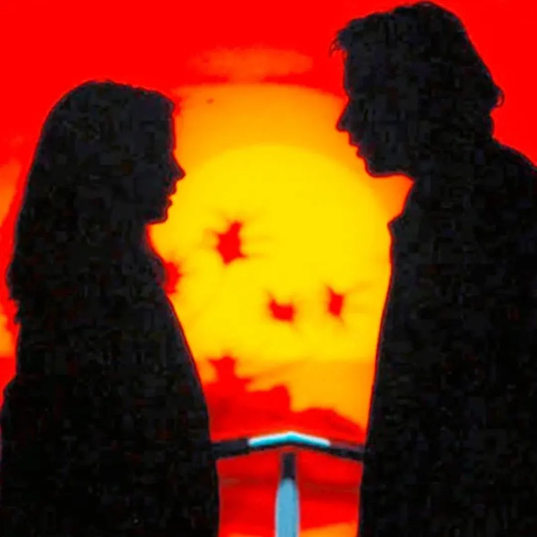 Two people in silhouette facing each other against a bright orange-red sunset.