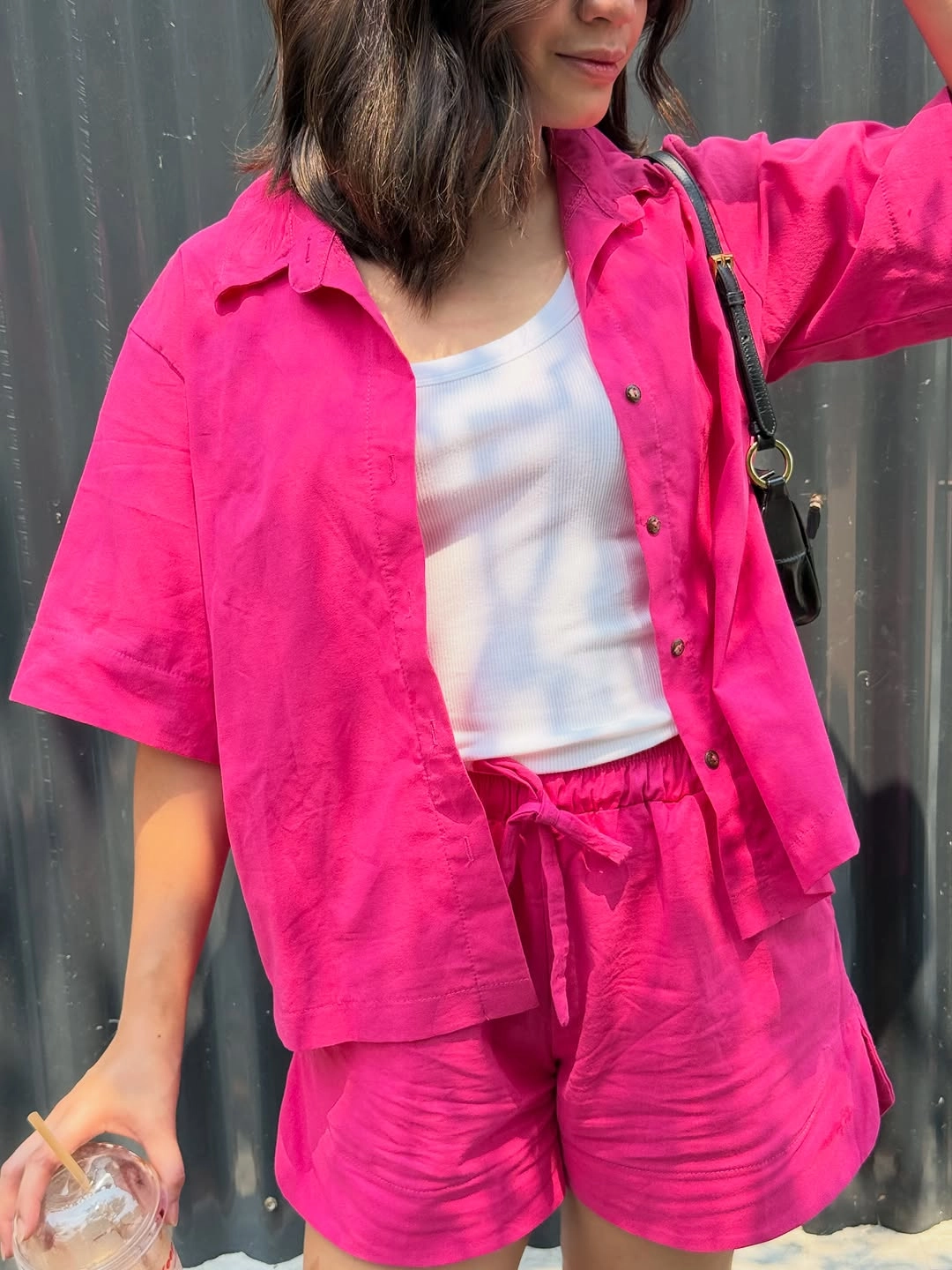 A pink linen set by Pambahay MNL Filipino loungewear brands