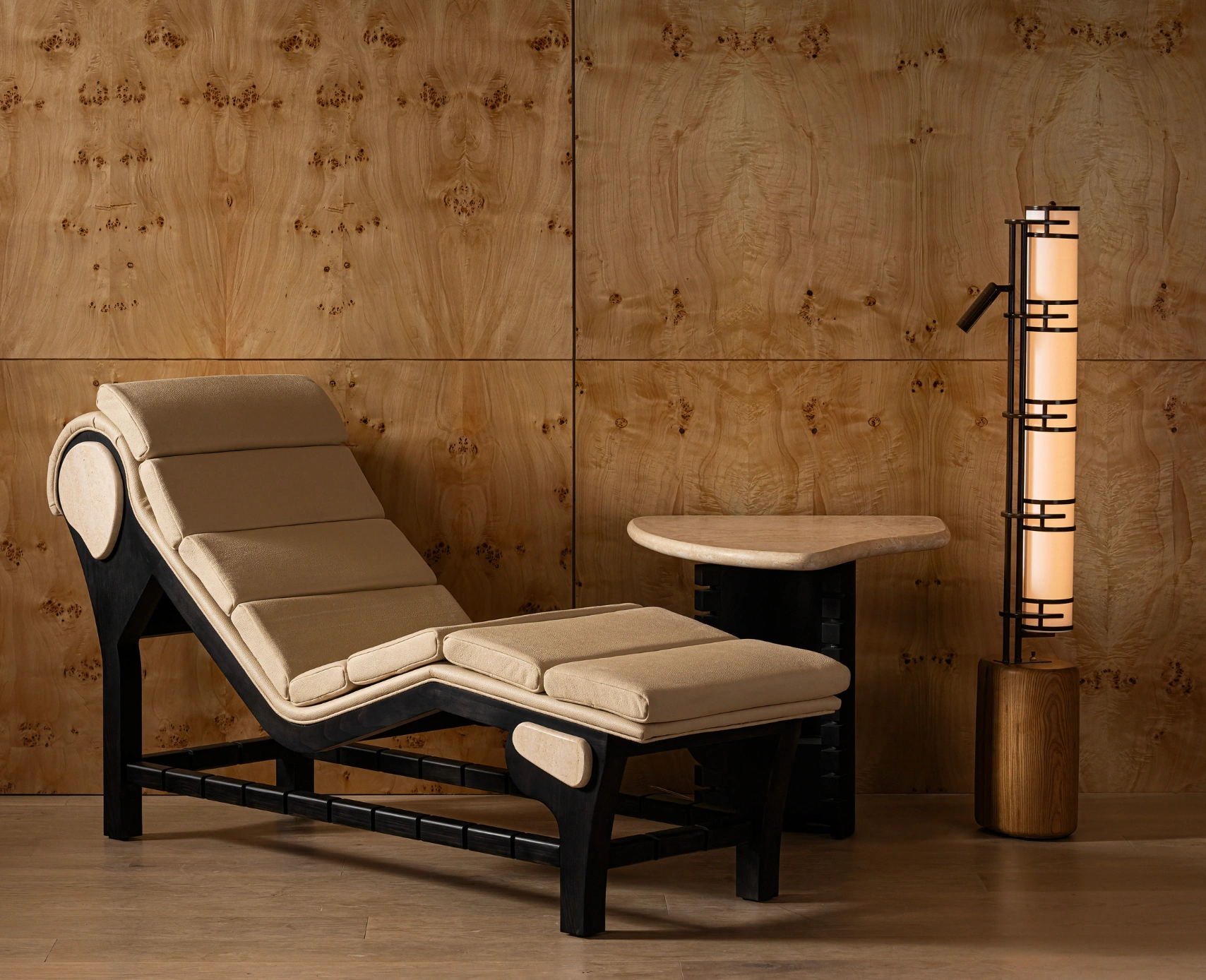 The chaise, Side Table, and Floor Lamp by Tahanan