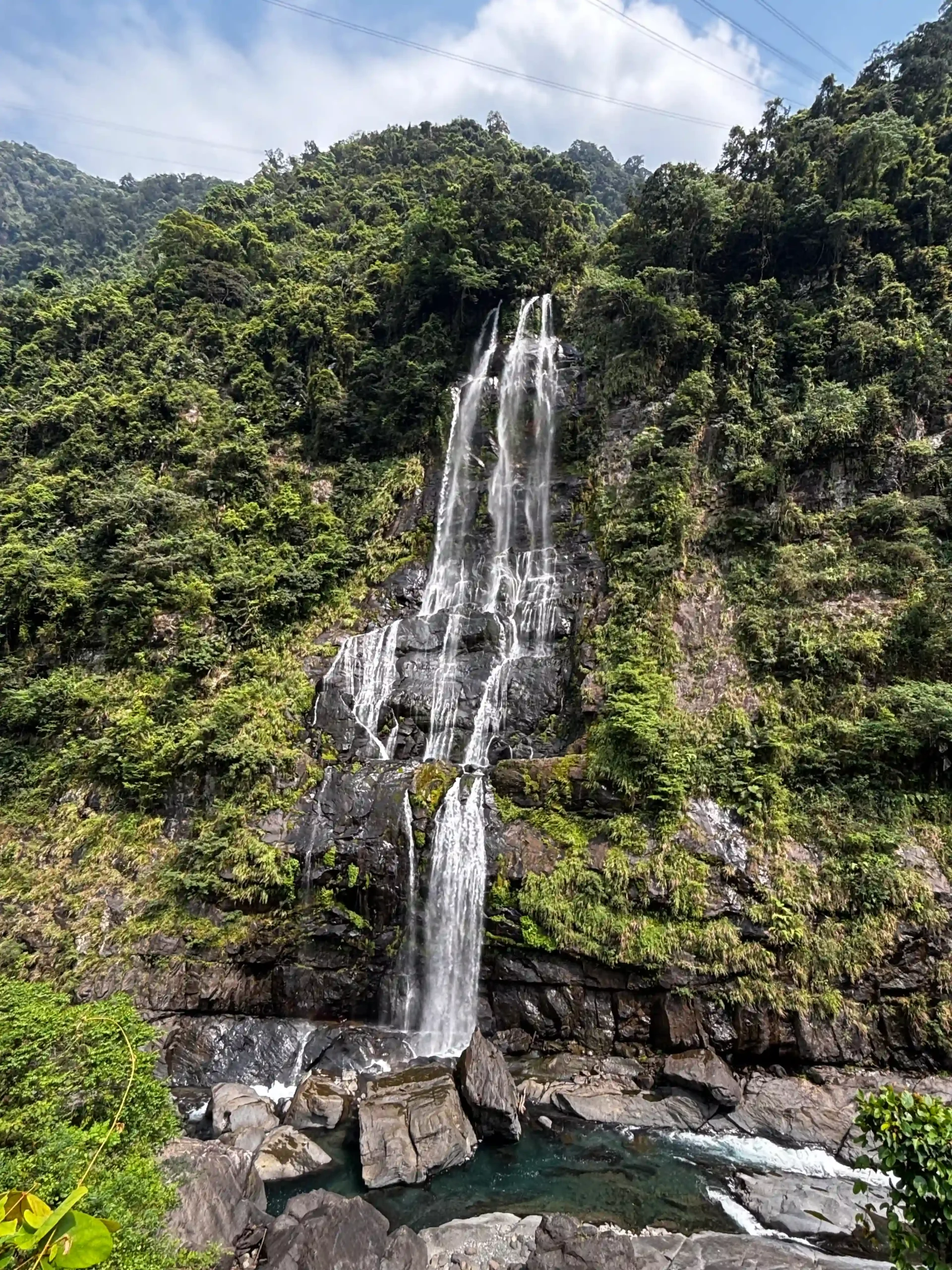 Wulai Falls, seen up close and from the panoramic window of the Wulai Three coffee shop