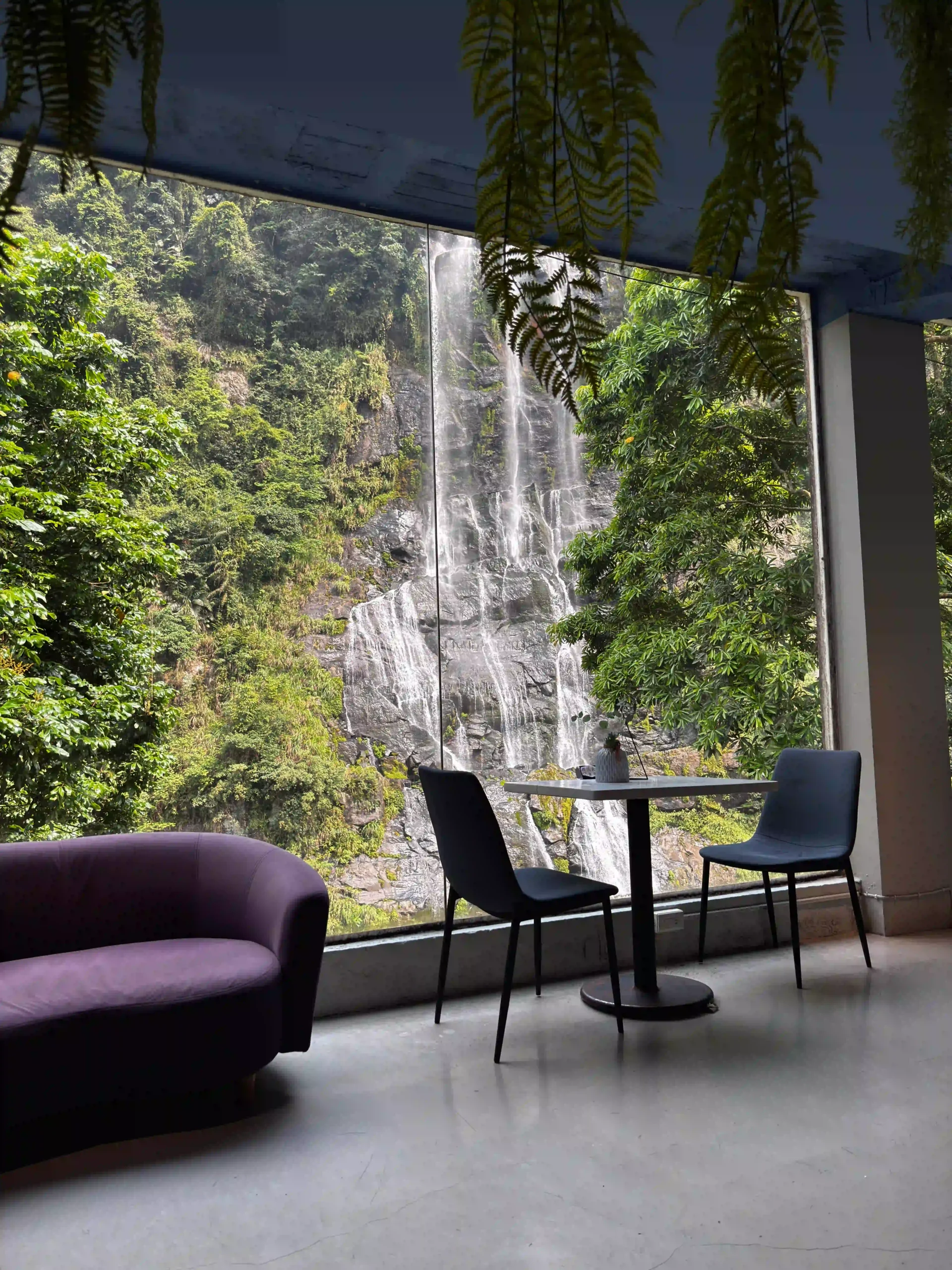 Wulai Falls, seen up close and from the panoramic window of the Wulai Three coffee shop