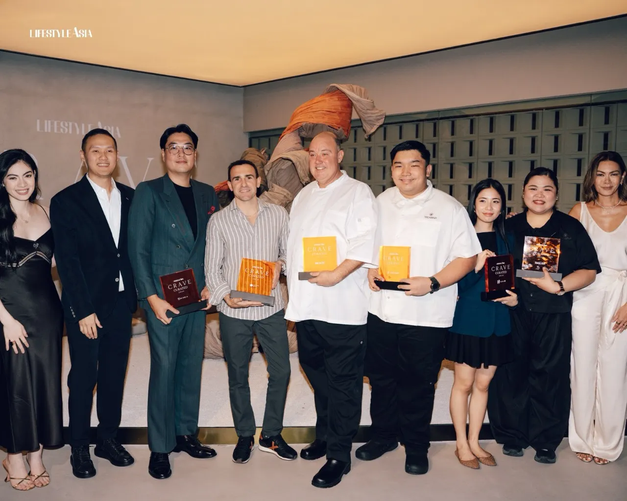LA Crave Alongside Lifestyle Asia's Kerry Tinga, Levanto owner Donn Ang, and One MEGA Group's Apples Aberin, representatives of the Crave Curated 2026 restaurants pose with their plaques (L-R): Chef Mark Dee of Mireia, Julian Gagliardi of The Tasting Room, Chef Wade Watson of Brontë, Chef Tadashi Eusantos of Tadhana, Merryson Burgos of Hakka, and Joy Saludes of Taglish