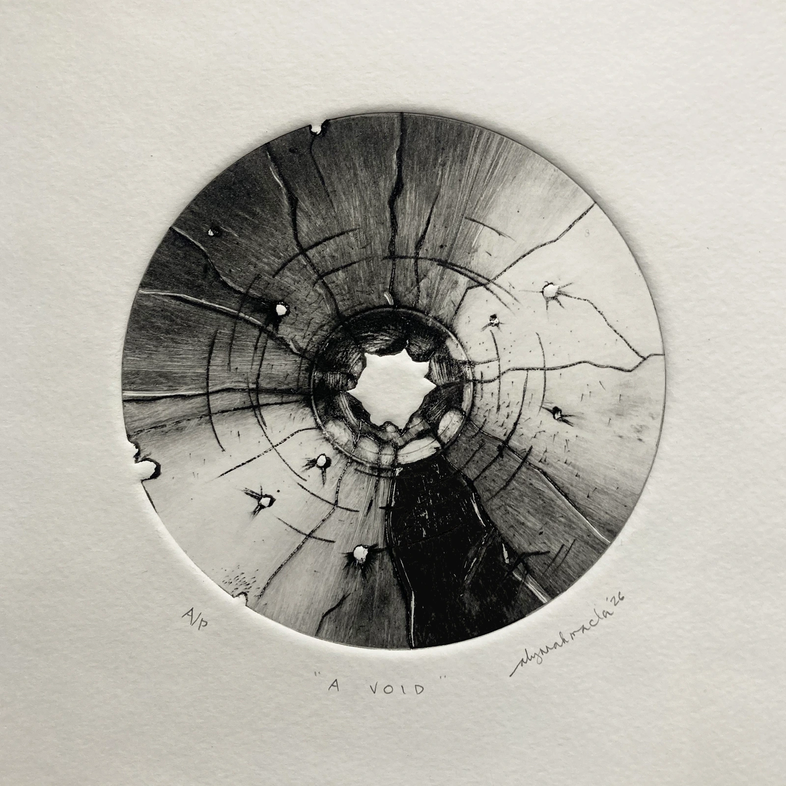 "A Void" (2026) by Alynnah Macla-Tadeo, (drypoint intaglio on shaped CD, A/P)