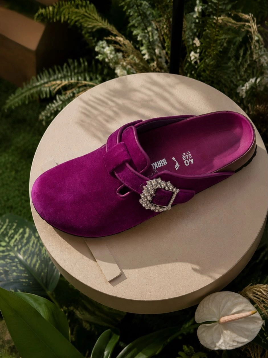 Birkenstock Manolo Blahnik Boston in Rich Purple Velvet Crystal