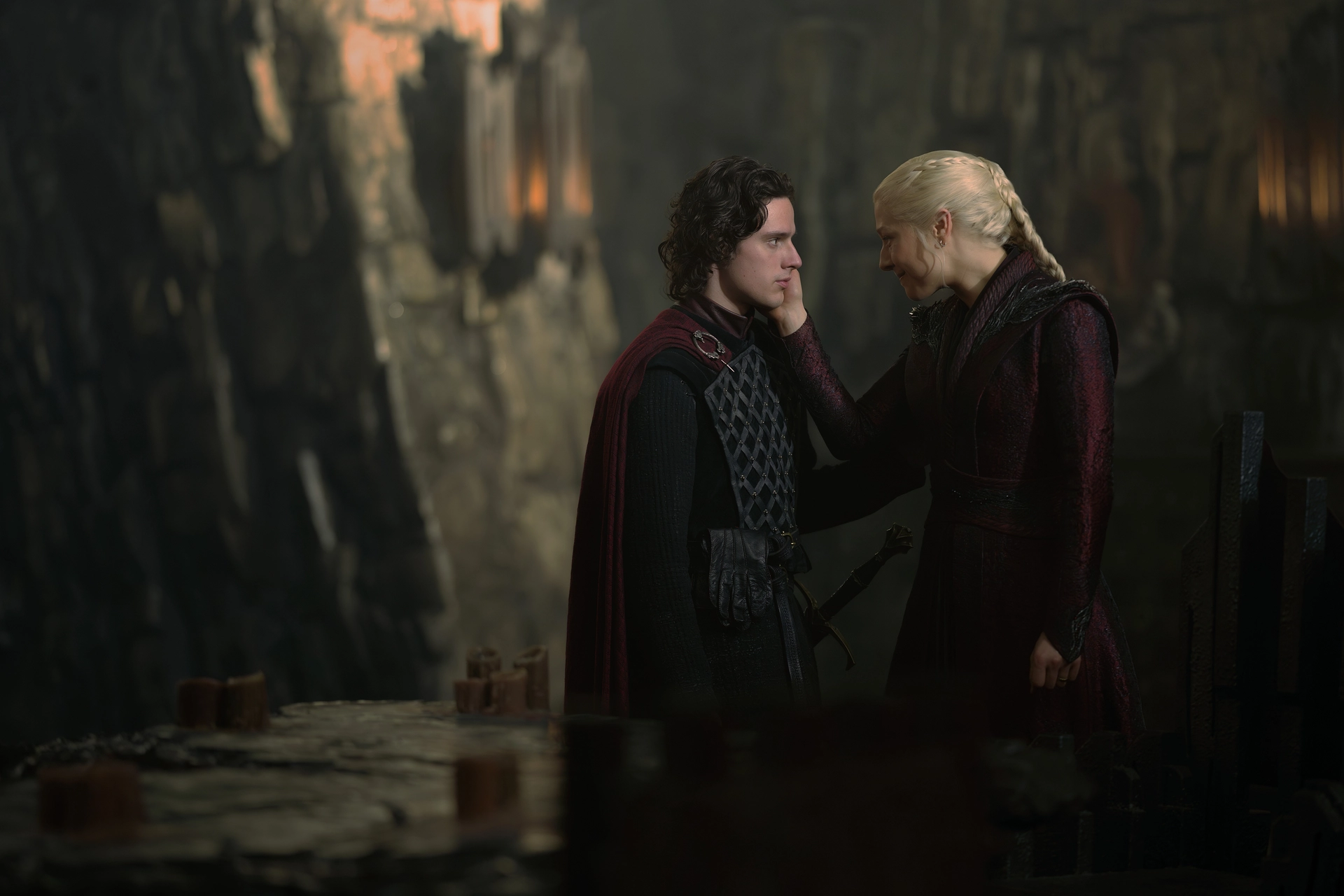 Harry Collett as Jacaerys Targaren and Emma D'Arcy as Rhaenyra Targaryen in House of the Dragon Season 3, Episode 1