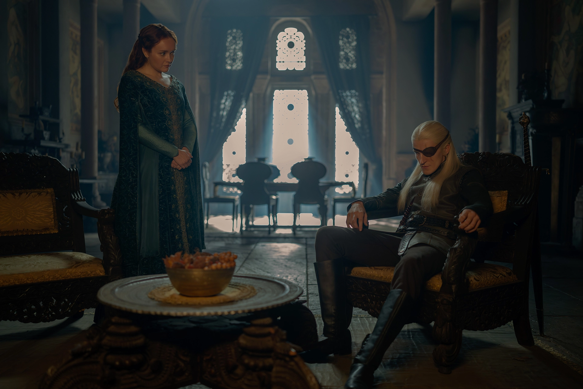 Olivia Cooke as Alicent Hightower and Ewan Mitchell as Aemond Targaryen in House of the Dragon Season 3, Episode 1