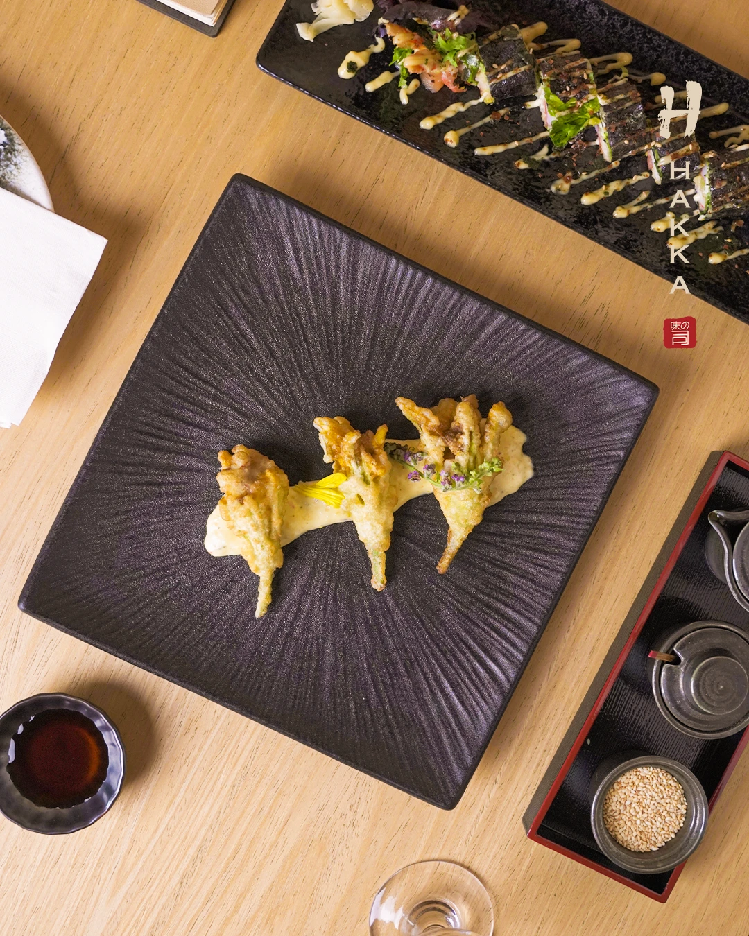 Pumpkin Flower Tempura; Hokkaido King Crab Sunomono Salad; Duck Breast Udon from Hakka