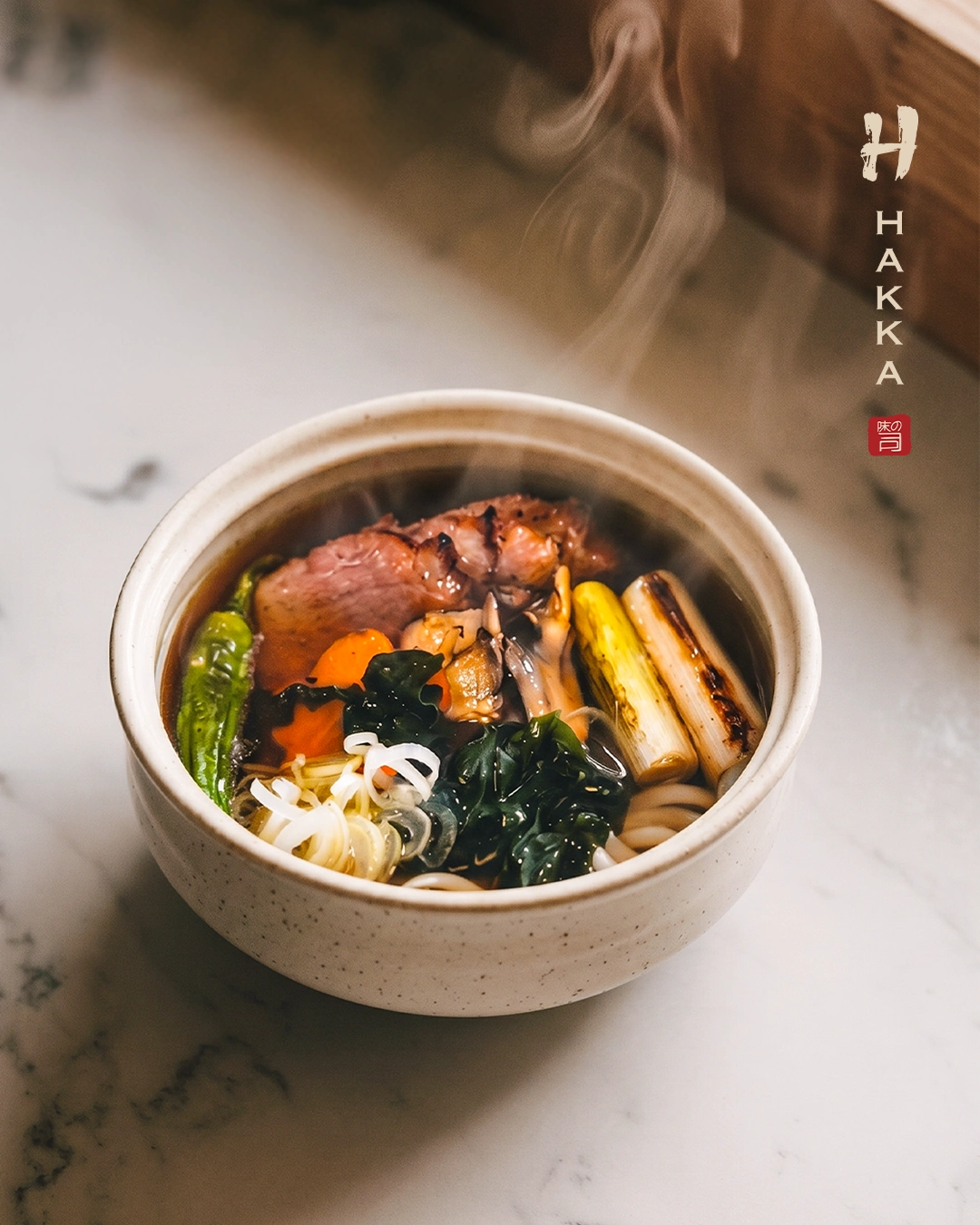 Pumpkin Flower Tempura; Hokkaido King Crab Sunomono Salad; Duck Breast Udon from Hakka