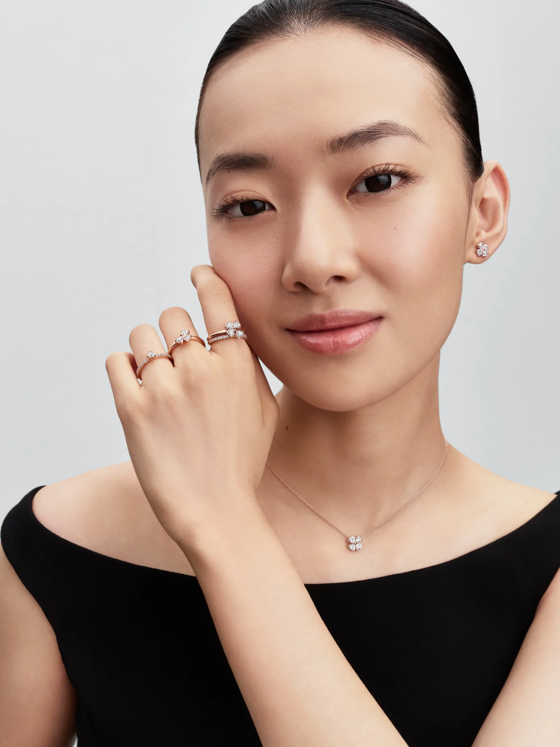 Pandora Sparkling Lucky Clover Pendant Necklace, Stud Earrings, and Ring