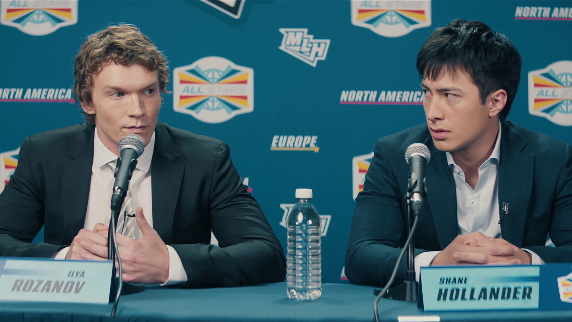 Connor Storrie as Ilya Rozanov and Hudson Williams as Shane Hollander in Heated Rivalry Season One