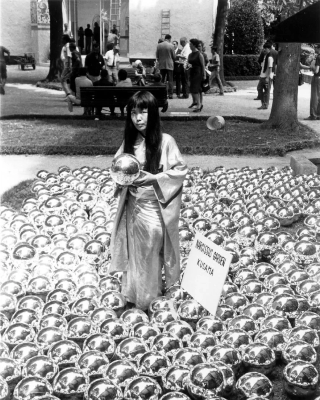 Yayoi Kusama and her Narcissus Garden installation at the 33rd Venice Biennale in 1966