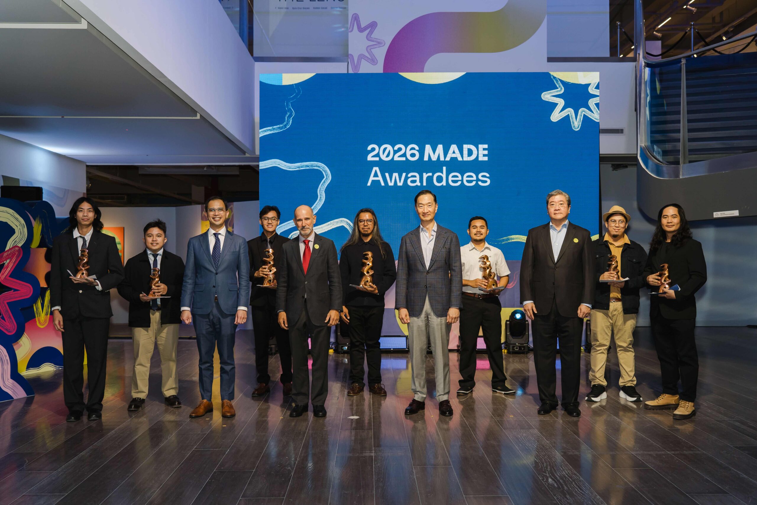 MADE 2026 awardees Front row, from left: 2026 MADE Special Citation for Oil or Acrylic on Canvas recipient Arvin C. Cantalejo Jr.; Metrobank Foundation President Philip Francisco U. Dy; Guest of Honor, Ambassador of Spain to the Philippines H.E Miguel Utray Delgado; Metrobank Group Chairman Arthur Ty; Metrobank President Fabian Dee; and Special Citation for Sculpture Recipient Raphael Daniel O. David. Back from, from left: Special Citation for Oil or Acrylic on Canvas recipient Artgiveson C. Arreglado; Grand Awardee for Oil or Acrylic on Canvas Vince Martin A. Macatangay; Grand Awardee for Sculpture Aldrin B. Olaguir; Grand Awardee for Mixed Media Kennette A. Luague; and Special Citation for Mixed Media recipient Richard D. Montero