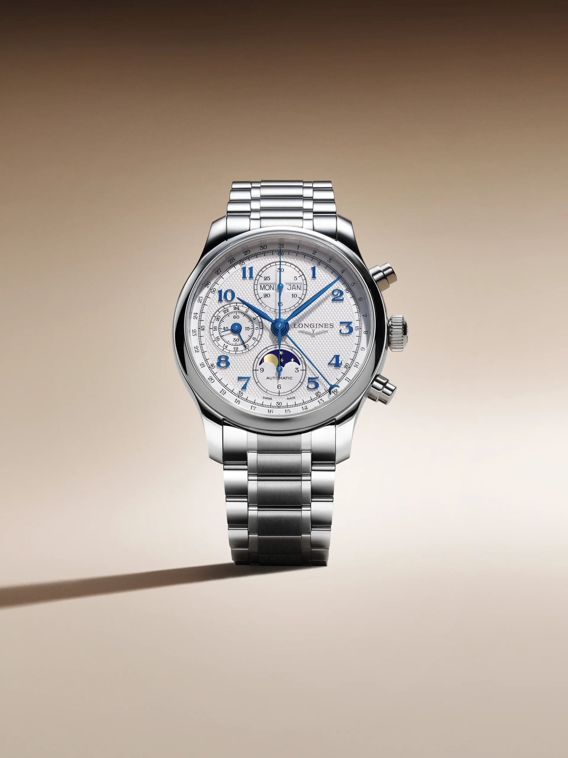 The L2.962.4.73.6 Chrono Moonphase, featuring a silver barleycorn dial and stainless steel bracelet