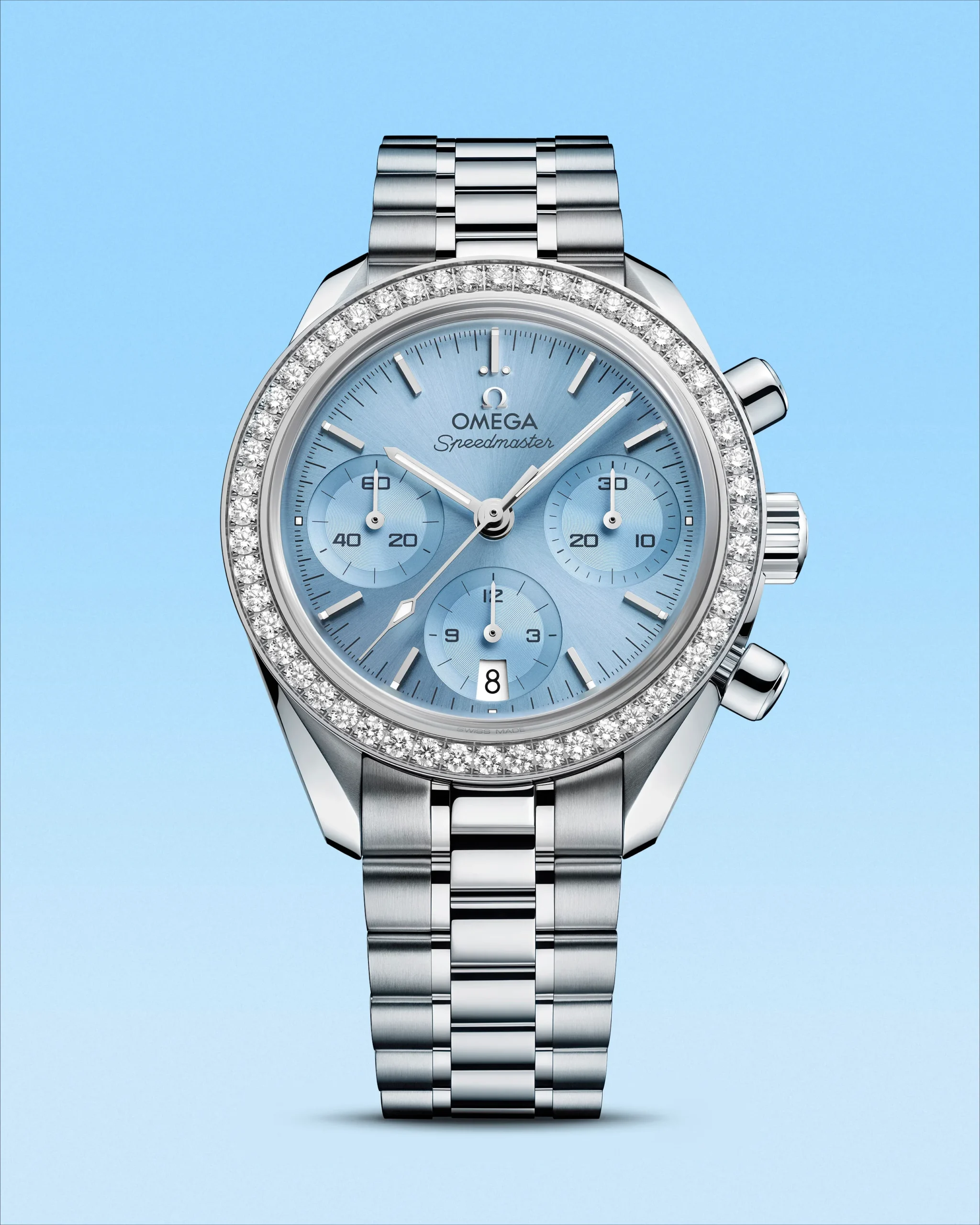 The OMEGA Speedmaster 35 mm with diamond-set bezels and ice blue or mother-of-pearl dials