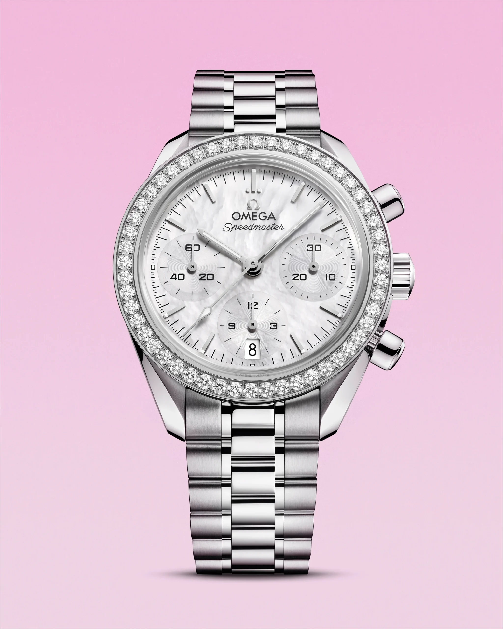 The OMEGA Speedmaster 35 mm with diamond-set bezels and ice blue or mother-of-pearl dials