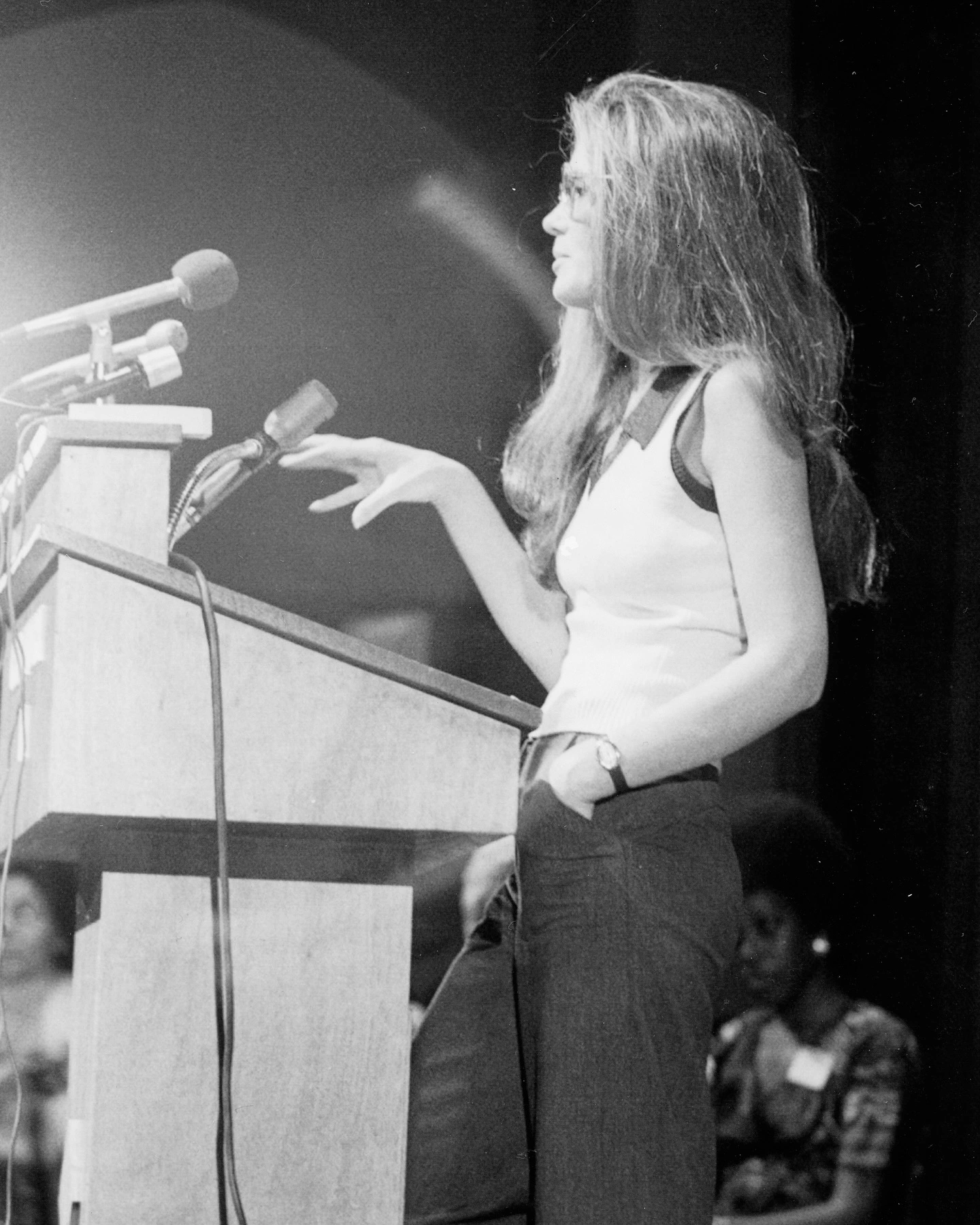 Gloria Steinem delivers a speech in the 1970s