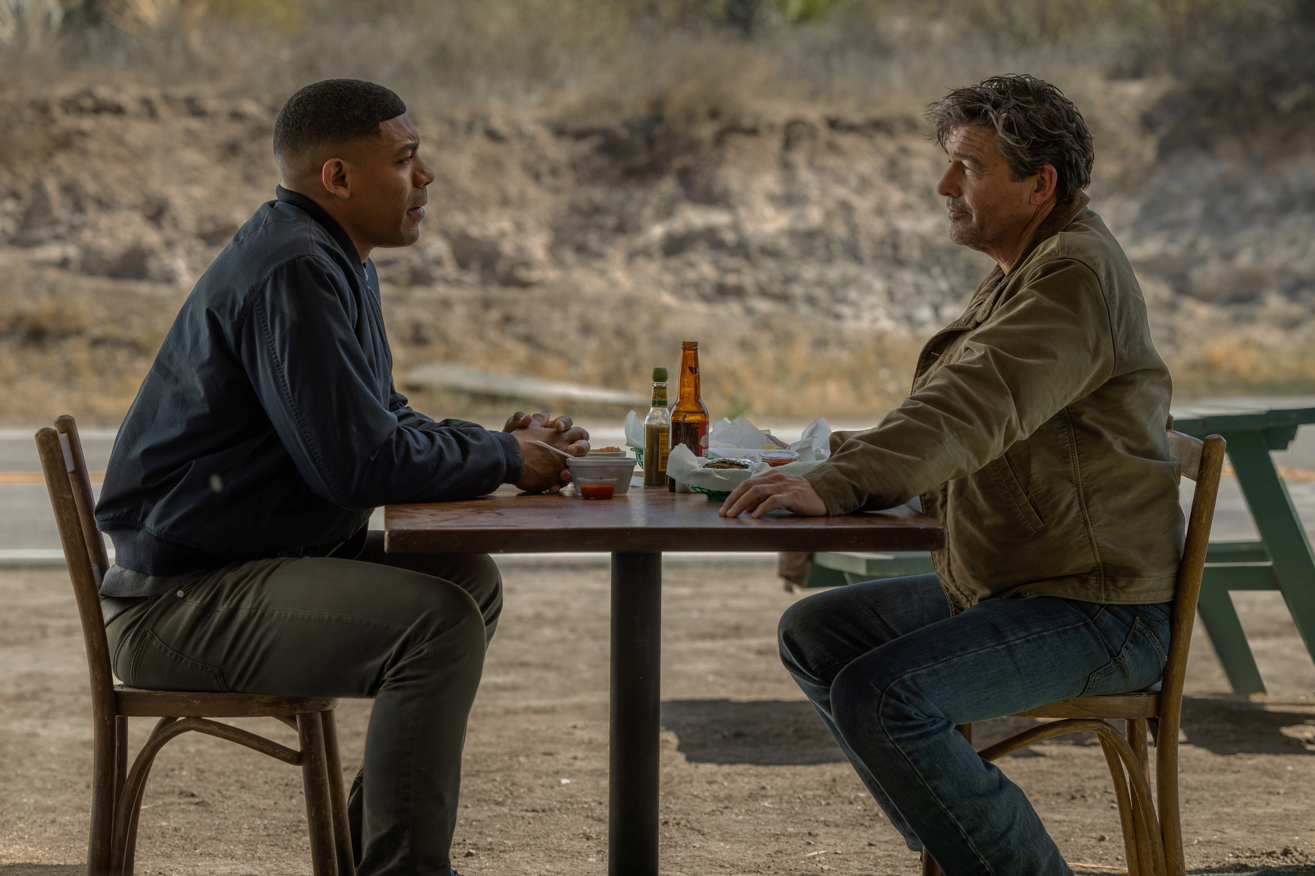 Aaron Pierre as John Stewart and Kyle Chandler as Hal Jordan in HBO Max's Lanterns