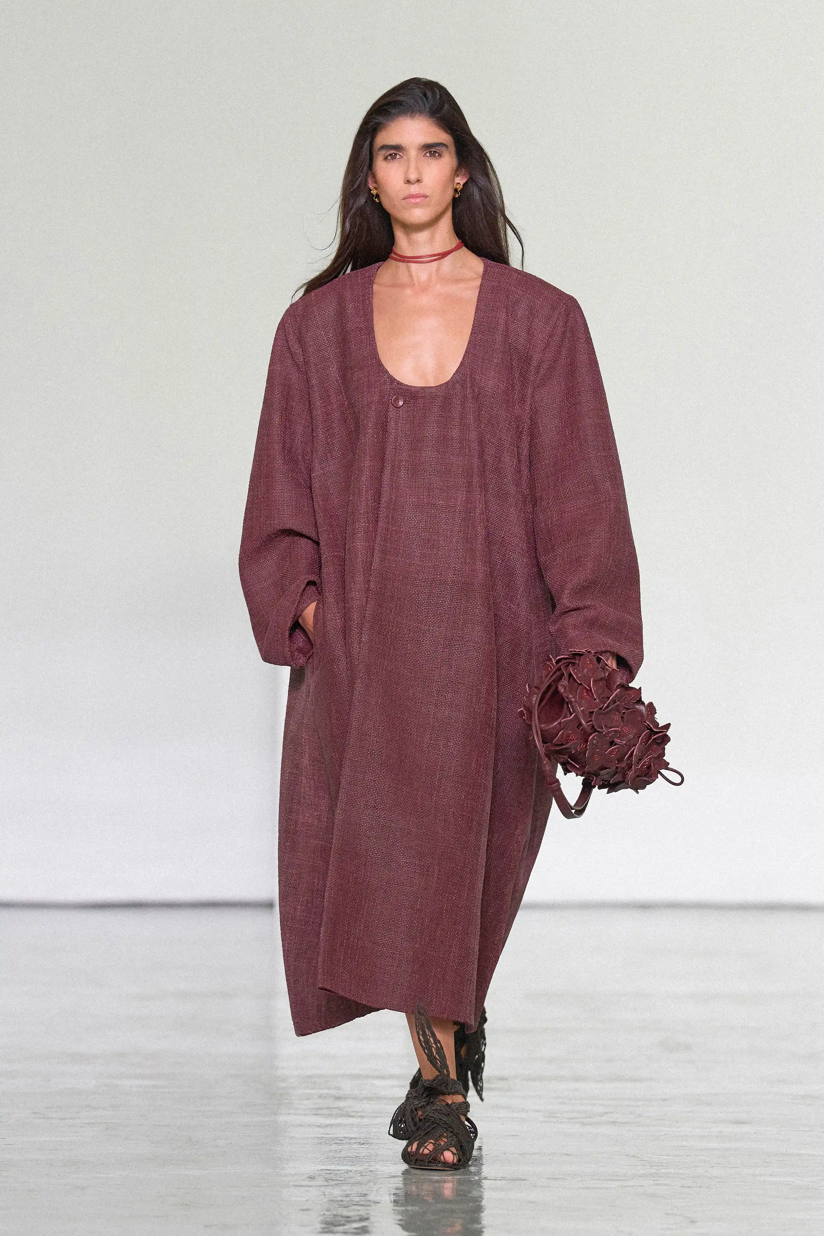 A distinct muted maroon featured in the Bottega Veneta Spring/Summer 2027 collection