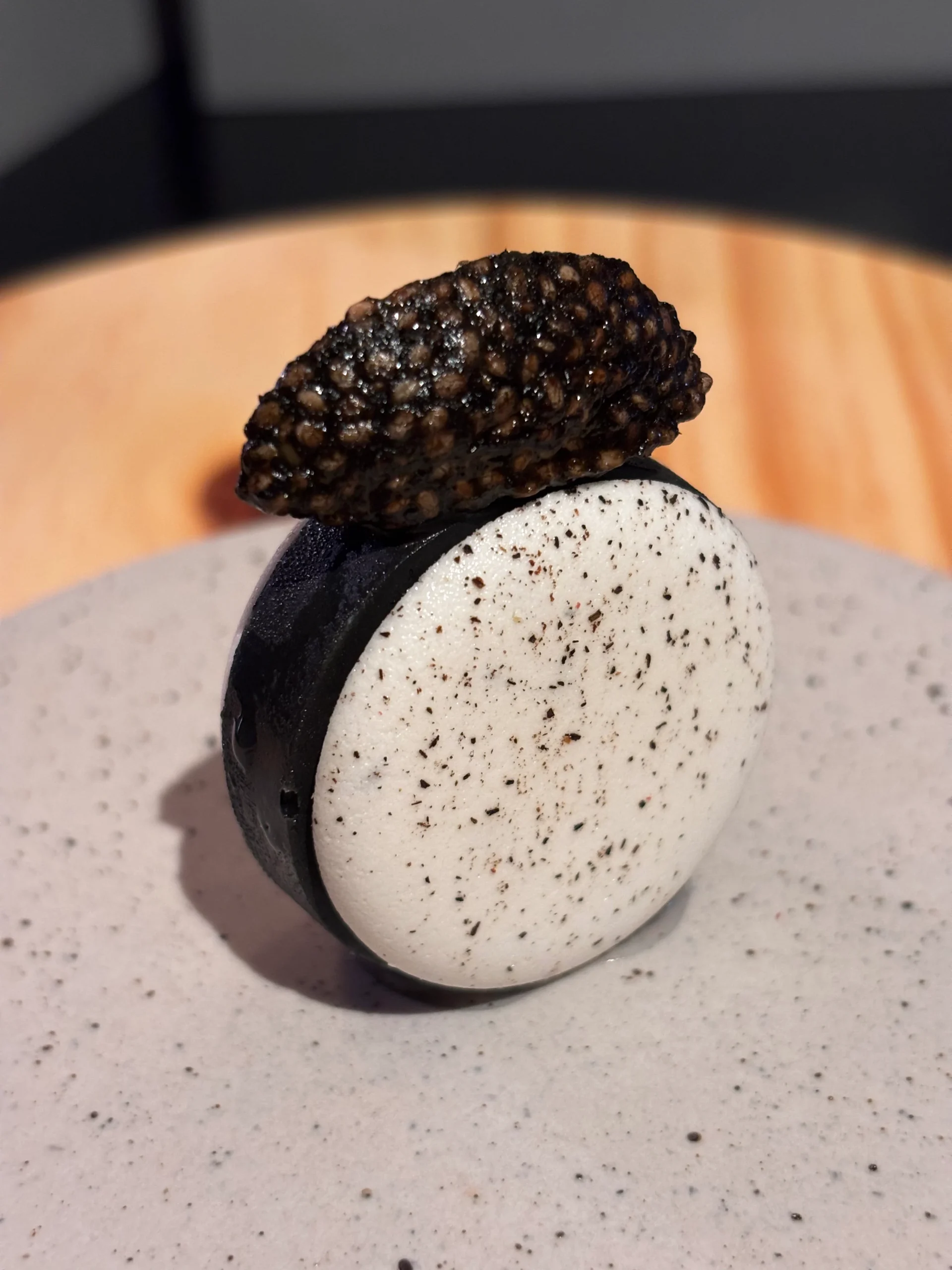 Duck liver mousse with local goat's cheese, baeri caviar, dill meringue, nori caviar