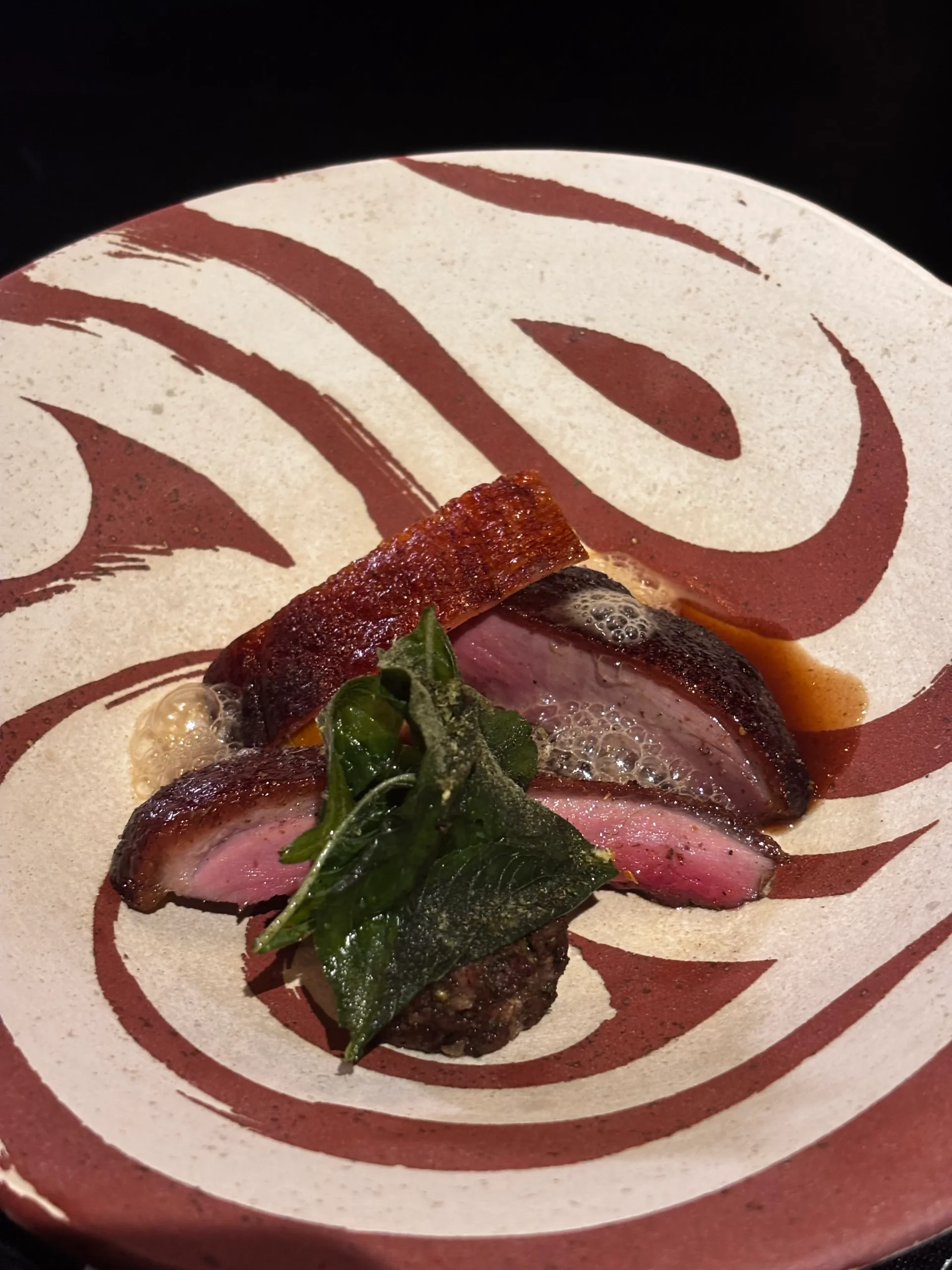 20 day dry aged duck, sampinit, smoked carrot, duck liver sauce