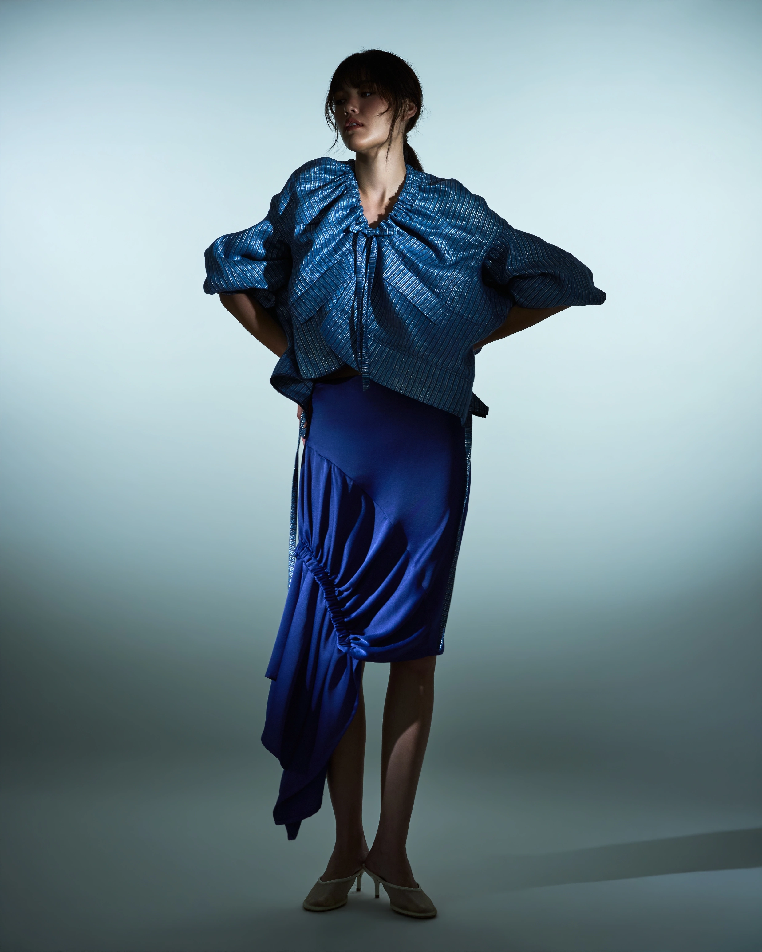 blue ruched top and blue gathered skirt
