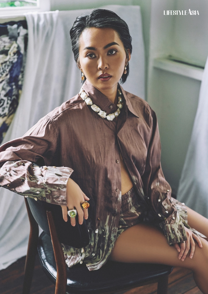 Shirt and shorts, TOQA; Earrings and rings, JUL B. DIZON; Vintage necklace from Isabel
