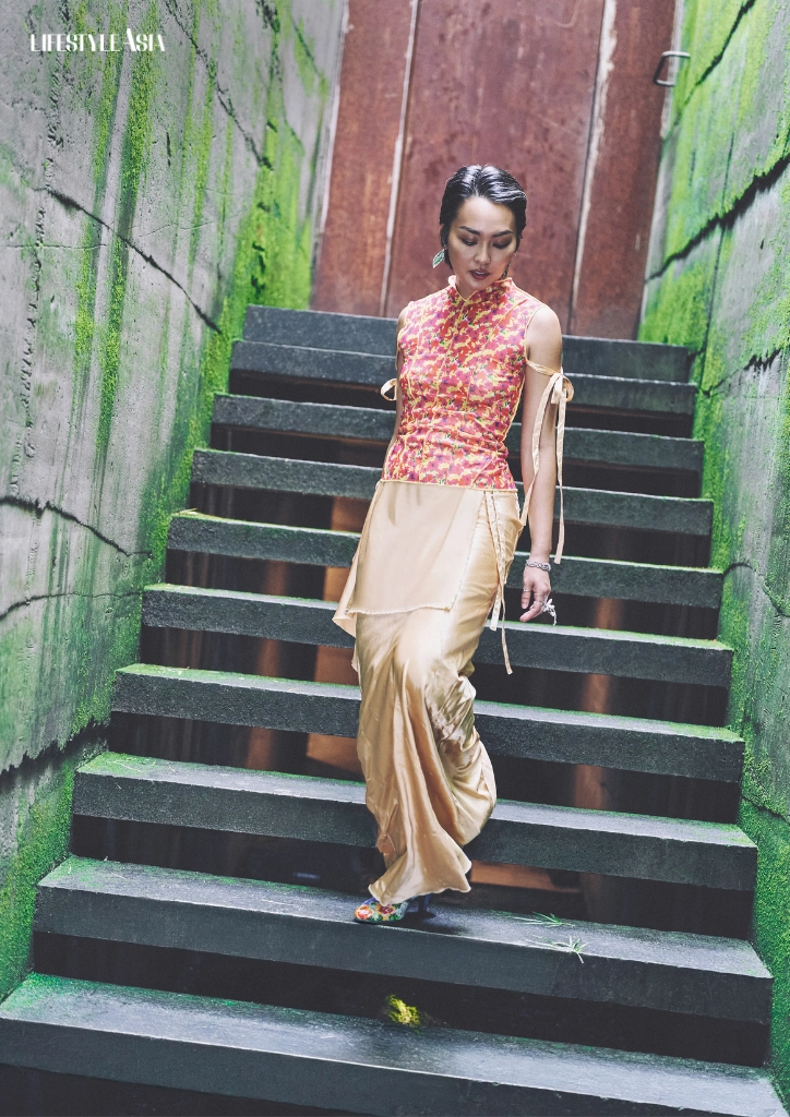 Top and dress, TOQA; Earrings, JUL B. DIZON